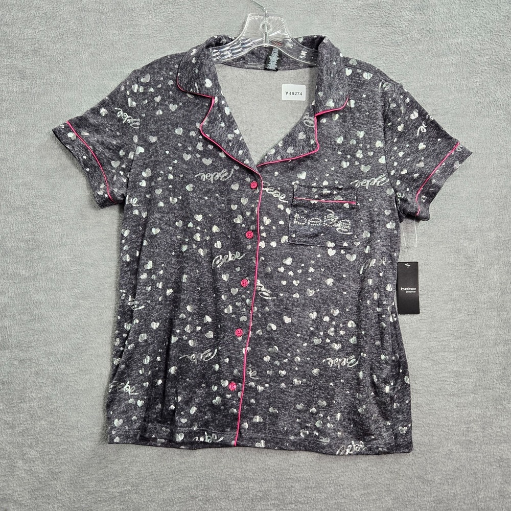 Bebe Women Sleepwear M Gray Medium Gray Sleep Shirt Button Up Rhinestone NWT